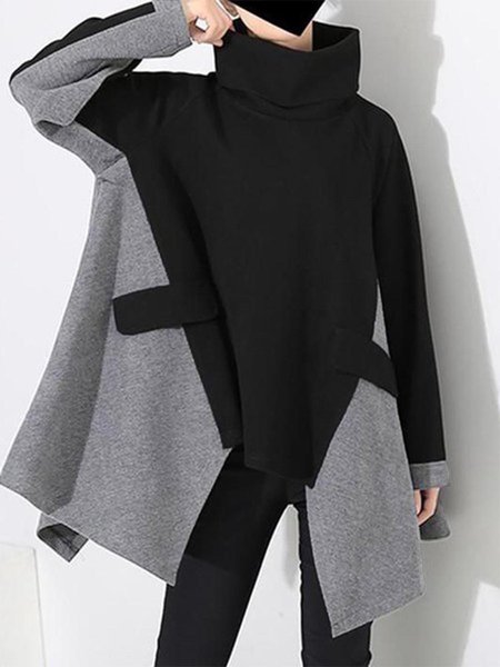 

Casual High Neck Plain Long Sleeve Top, Black, Tops
