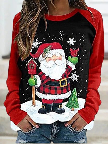 

Casual Santa Claus Color Block Loosen Round Neck Sweatshirt, Black-red, Hoodies & Sweatshirts
