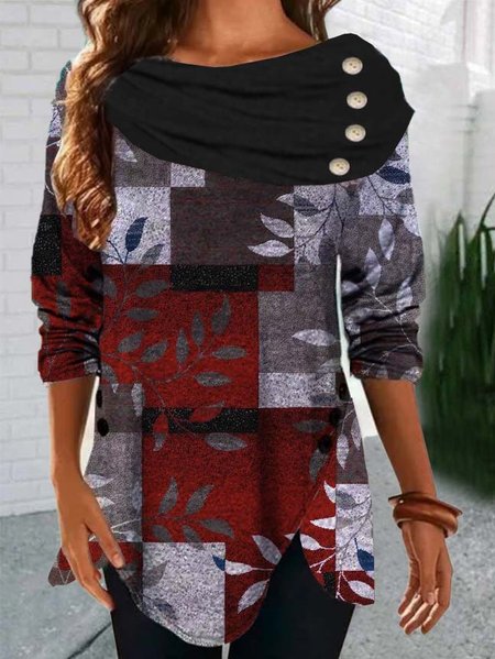 

Cowl Neck Floral Loosen T-shirt, As picture, T-Shirts
