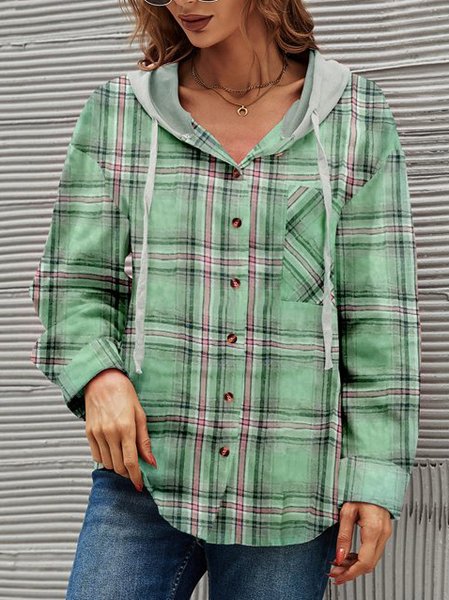 

Grid Printed Loosen Off Shoulder Printed Hooded Outerwear, Green, Jackets