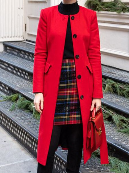

Elegant Solid Round Neck Loosen Outerwear, Red, Coats