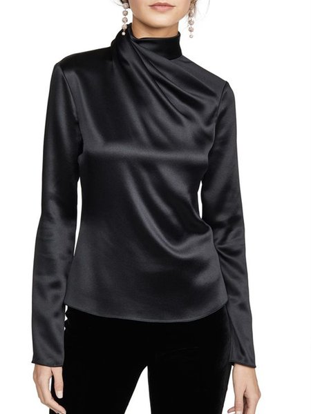 

Regular Fit Stand Collar Plain Top, Black, Blouses and Shirts