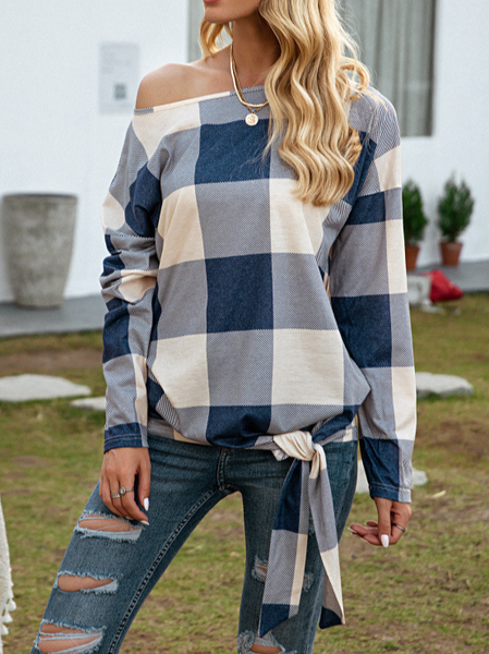 

Cotone Casuale Controllato/Plaid Top, Blu, Blouses & Shirts