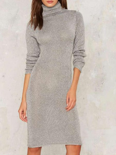 

High Neck Skinny Elegant Mini Dress, Gray, Midi Dresses
