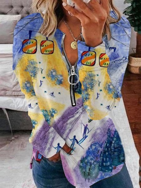 

Casual Printed V Neck Long Sleeve Sweatshirt, As picture, Hoodies & Sweatshirts
