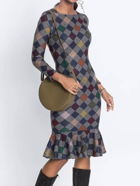 

Elegant Checked/Plaid Slim Fit Dress, As picture, Midi Dresses