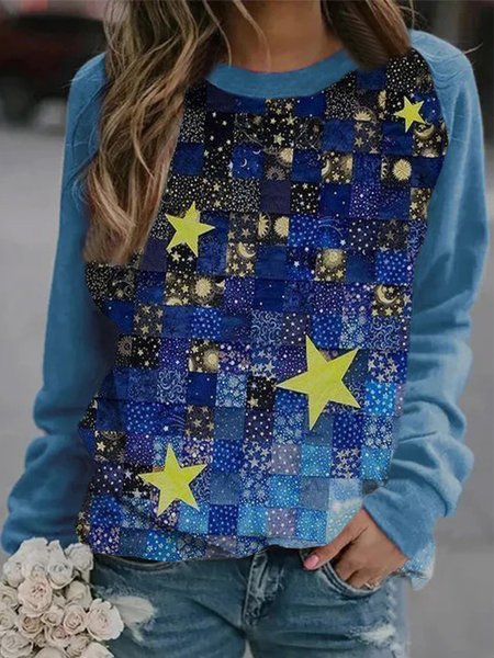 

Vintage Stars Printed Long Sleeve Crew Neck Plus Size Casual Sweatshirts, Blue, Hoodies & Sweatshirts