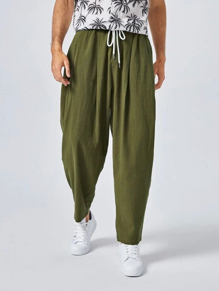 

Cotton And Linen Plain Casual Pants, Army green, Pants