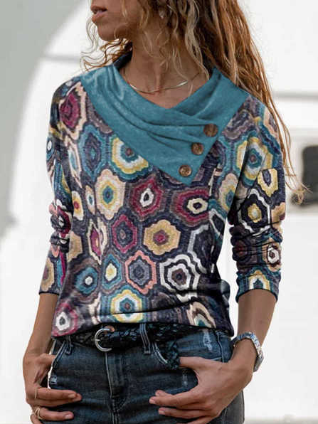 

Geometric Casual Regular Fit Tops, Multicolor, Long sleeve tops
