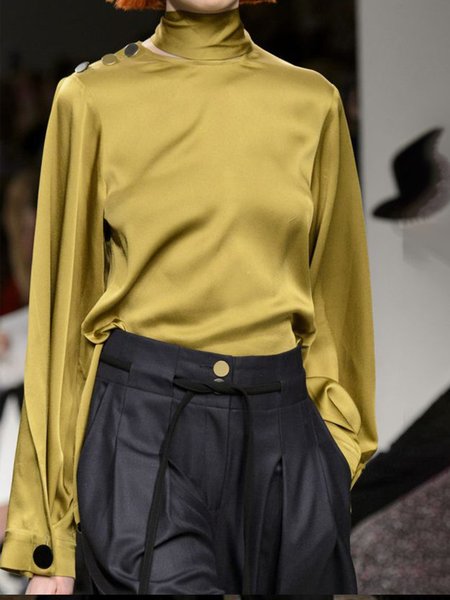 

Vintage Stand Collar Regular Fit Top, Yellow, Blouses and Shirts