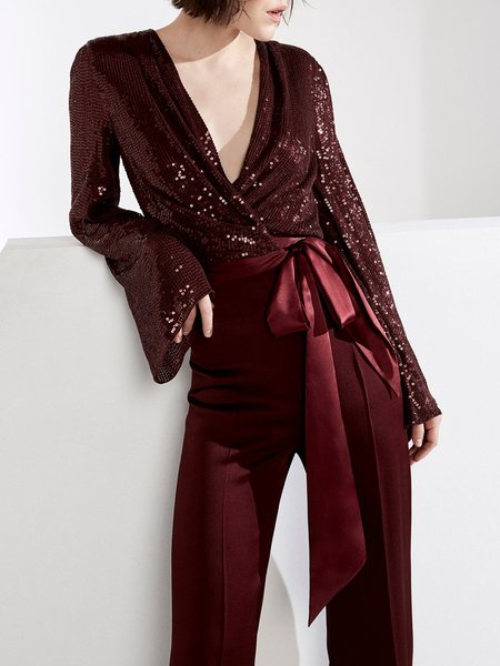 

V Neck Regular Fit Elegant Top, Wine red, Blouses and Shirts