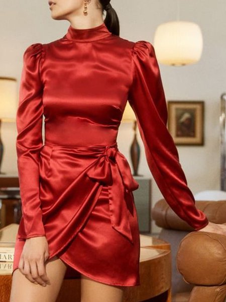 

Vintage Sweet Simple Elegant Stand Collar Dress, Red, Mini Dresses