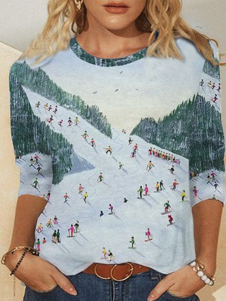 

Ski Printed Long Sleeve Crew Neck Plus Size Casual Tops, Multicolor, Tops