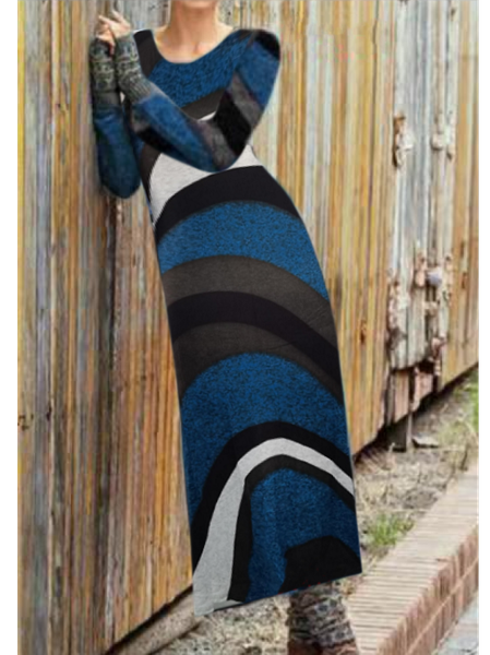 

Casual Print Crew Neck Long Sleeves Maxi Dress, Blue, Tie dye dress