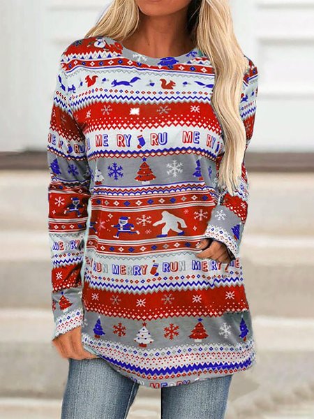 

Tribal Chirstmas Pattern Printed Long Sleeves Shirts & Tops, Red, Tops