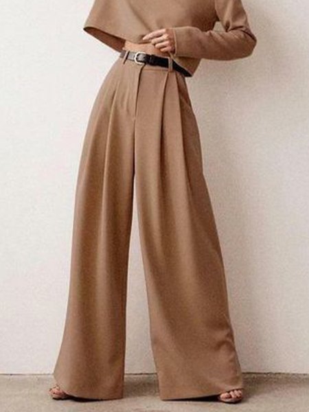 

Wide Leg Loosen Simple Plain Pants, Khaki, Wide Leg Pants