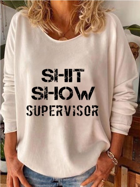 

Casual Crew Neck Letter Long Sleeve Shirts & Tops, White, Tops