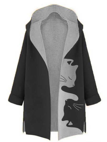 

Hooded Casual Loosen Outerwear, Black-grey, Outerwear