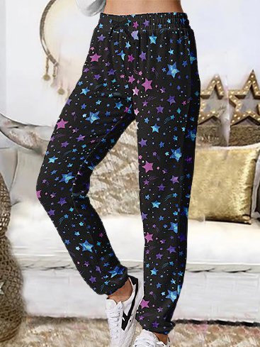 

Star Printed Casual Loosen Elastic Waist Sweatpants, Black, Pants