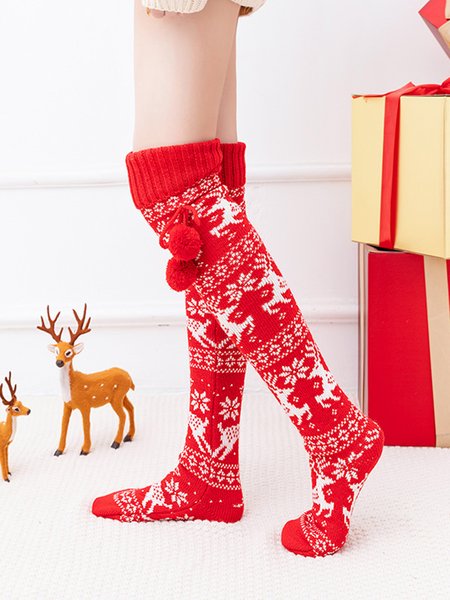 

Christmas Casual Bow Fuzzy Ball Socks, Red, Socks