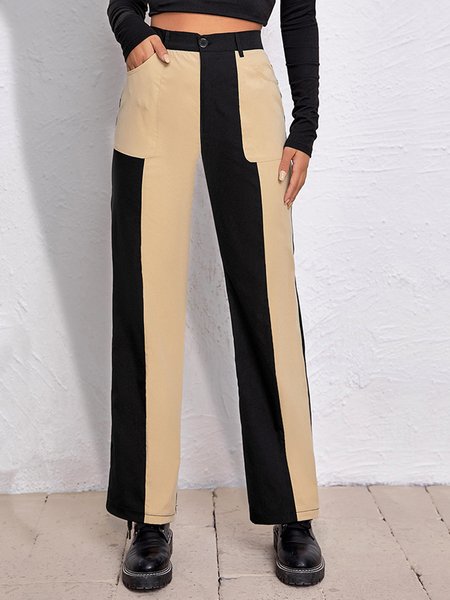 

Color Block Regular Fit Long Pants, Khaki, Straight Leg Pants