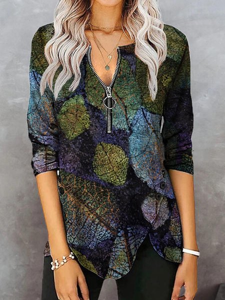 

Maniche Lunghe Casuale Scollo a V Fogliame Top, Multicolore, T-Shirts