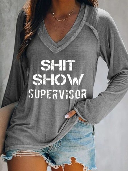 

Long Sleeve Letter V Neck Casual T-shirt, Gray, Tops