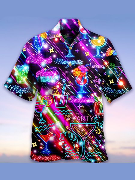 

Mens Cocktail Happy Party Print Loose Short Sleeve Shirts, Black, Men's Floral shirt