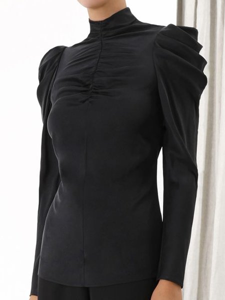 

Date Daily Stand Collar Plain Simple Top, Black, Tops