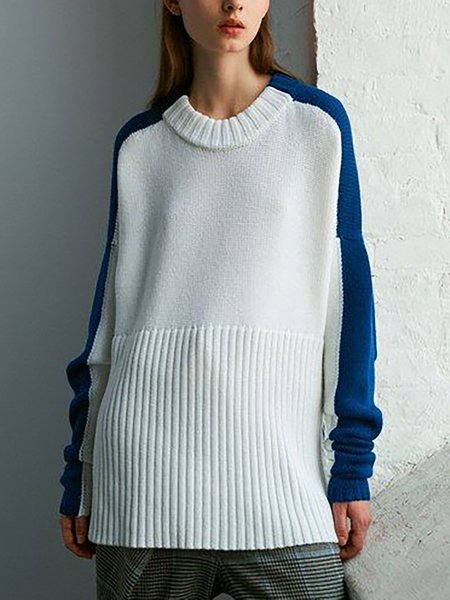 

Crew Neck Solid Casual Sweater, White-blue, Sweaters