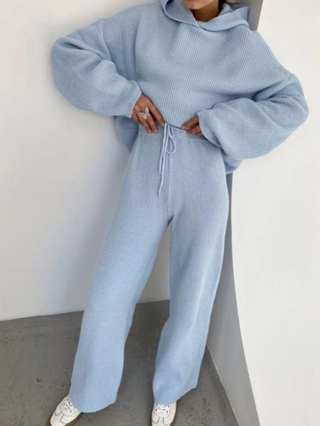 

Sporty Casual Hooded Suits Top With Pants, Blue, Two-piece Set