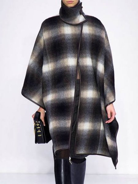

Elegant Loosen Stand Collar Checked/Plaid Outerwear, As picture, Coats
