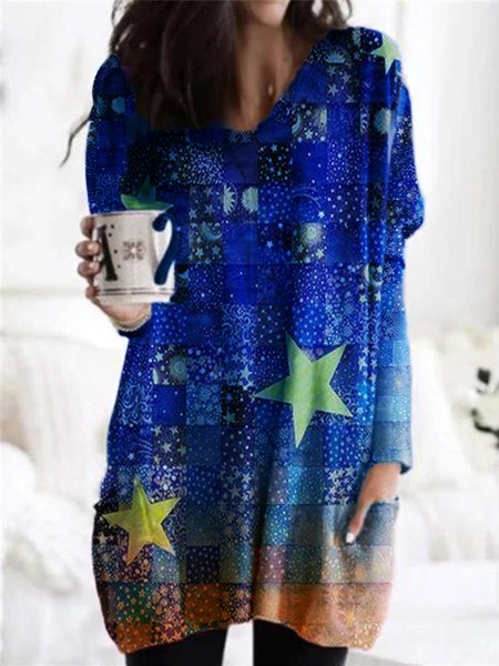 

Casual Long Sleeve V Neck Printed Top, Blue, Tops