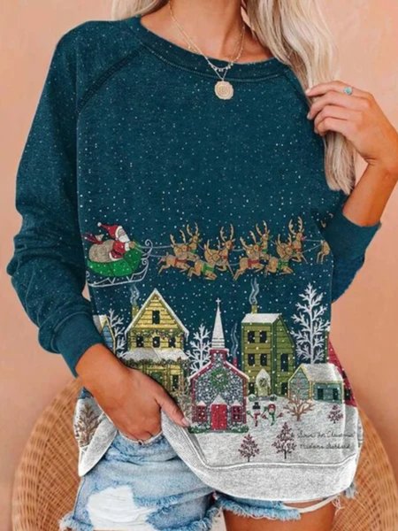

Christmas Xmas Long Sleeve Round Neck Plus Size Printed Tops Sweatshirts, Blue, Hoodies & Sweatshirts