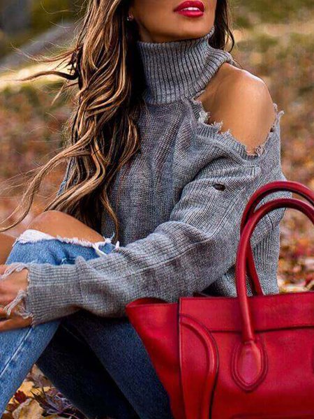 

Long Sleeve Casual High Neck Sweater, Gray, Pullovers