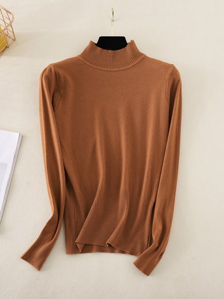 Casual Plain High Neck Shirts & Tops, Yellow, Tops