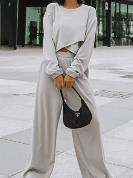 

Winter Crew Neck Loosen Slightly stretchy Long sleeve Top With Pants Suits, Gray, Two-piece Set