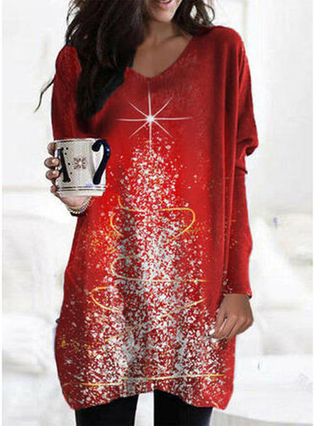 

Christmas Loosen Polka Dots Casual Shirts & Tops, Red, Long sleeve tops