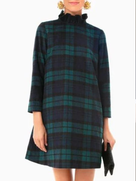 

Elegant Checked/Plaid Long Sleeve Party Dress, Green, Mini Dresses