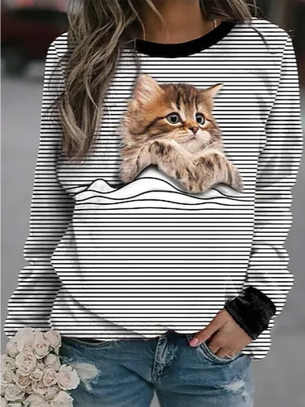 

Cute Cat Crew Neck Cotton Blends Casual Sweatshirt, White, Sweatshirts & Hoodies