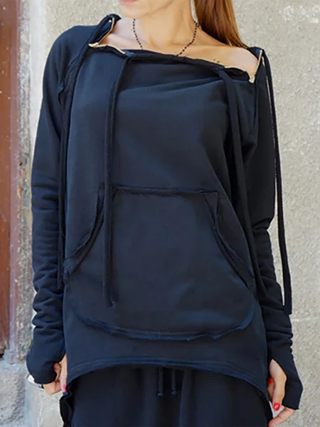 

Boat Neck Zipper Long Sleeves Solid Shirts & Tops, Black, Tops