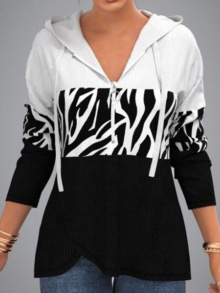 

Long sleeve V-neck hooded zipper geometric stitching Animal Zebra medium length top T-shirt women, Black-white, Hoodies & Sweatshirts