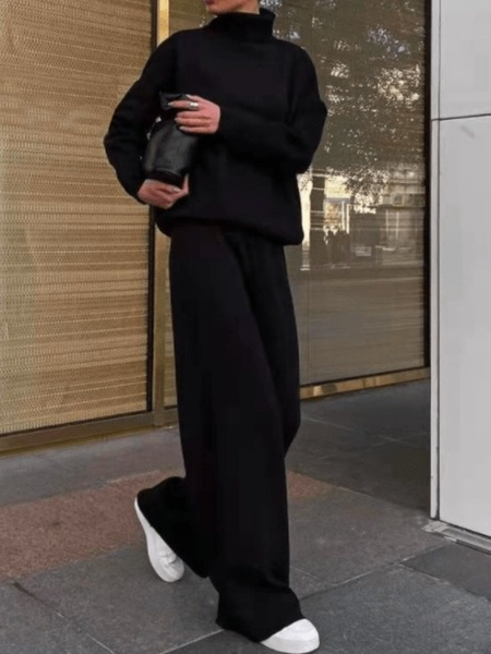 

Fall Cotton Casual Mid-weight Slightly stretchy Top With Pants Crew Neck Suits, Black, Two-piece Set