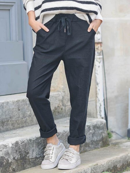 

Solid Loosen Cotton Blends Pants, Black, Pants