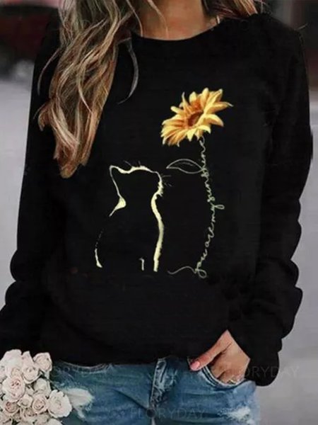 

Crew Neck Elegant Loosen Long Sleeve Tops, Black, Long sleeve tops