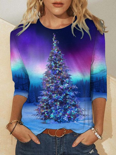 

Christmas tree print round neck long sleeve T-shirt, As picture, Hoodies&Sweatshirts