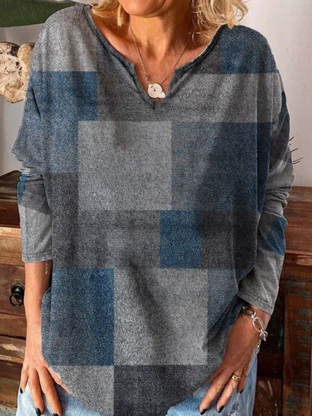 

Color Block Printed V Neck Loosen Shirts & Tops, Multicolor, Tops