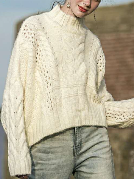 

Long sleeve Solid High Neck Sweater, Off white, Pullovers