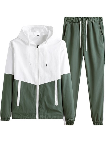 

Colorblock Hooded Long Sleeve Hoodie & Jogging Sets, Green, Suits