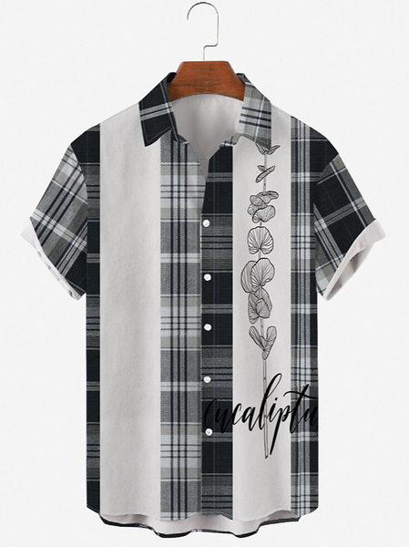 

Mens Plaid Print Round Hem Loose Short Sleeve Shirts, Black, Men's Floral shirt